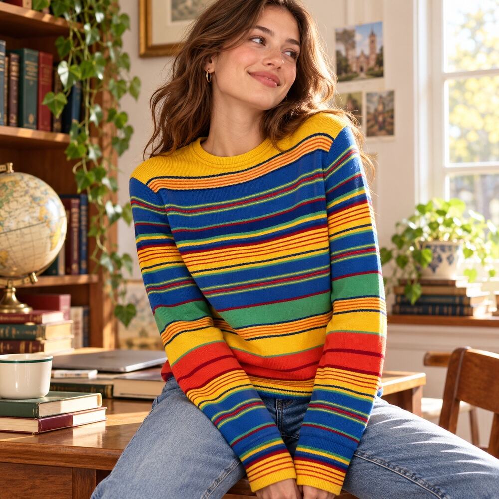VTG Lauren Ralph Lauren Roll Neck multi-colored striped cotton Knit Sweater MED